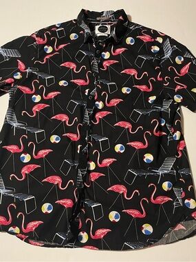 Men's Black Flamingo Print Short Sleeve Shirt